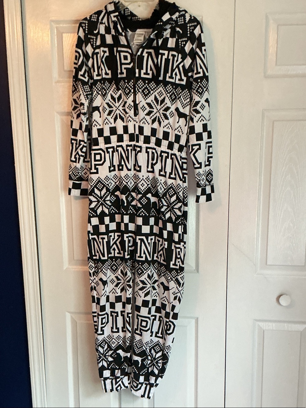 PINK Victoria's Secret Black & White Hooded Juniors Onesie Pajama